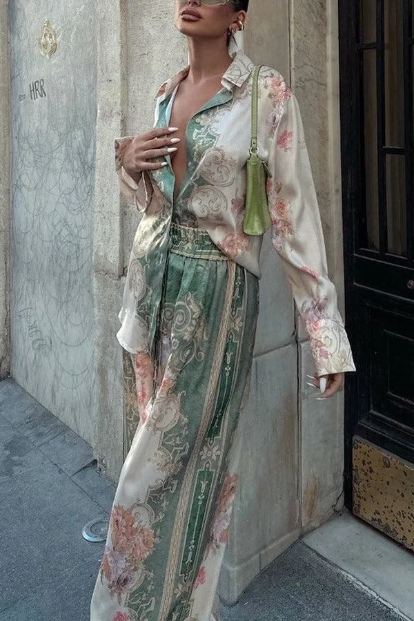 Antibes Satin Court Einzigartiges Set mit bedrucktem, langärmligem, lockerem Hemd und Hose mit elastischer Taille