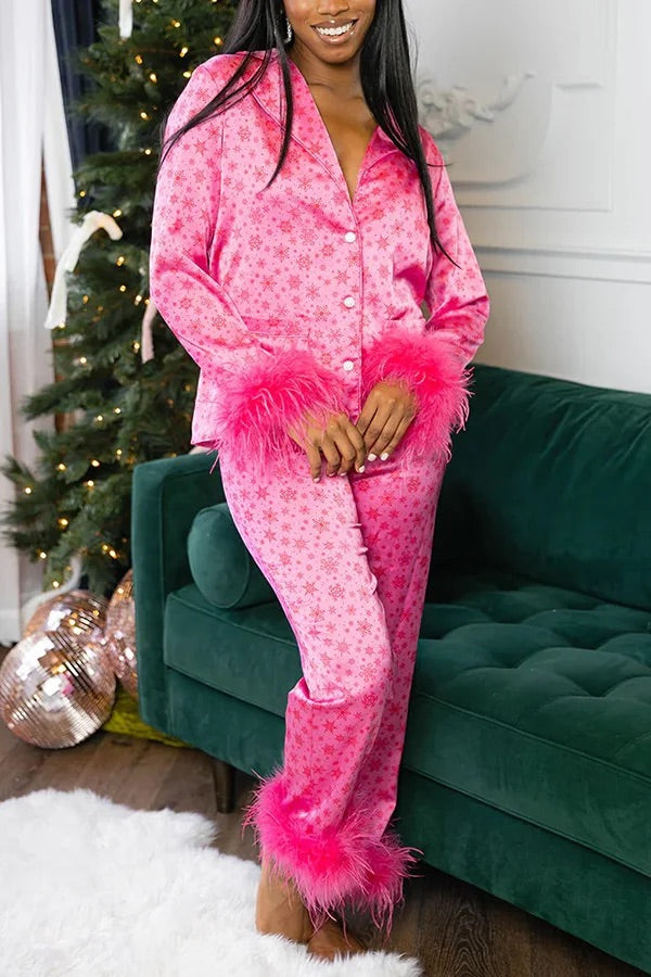 Weihnachts-Pyjama-Set mit Besties-Party-Print und Federbesatz, elastischer Taille und Taschen