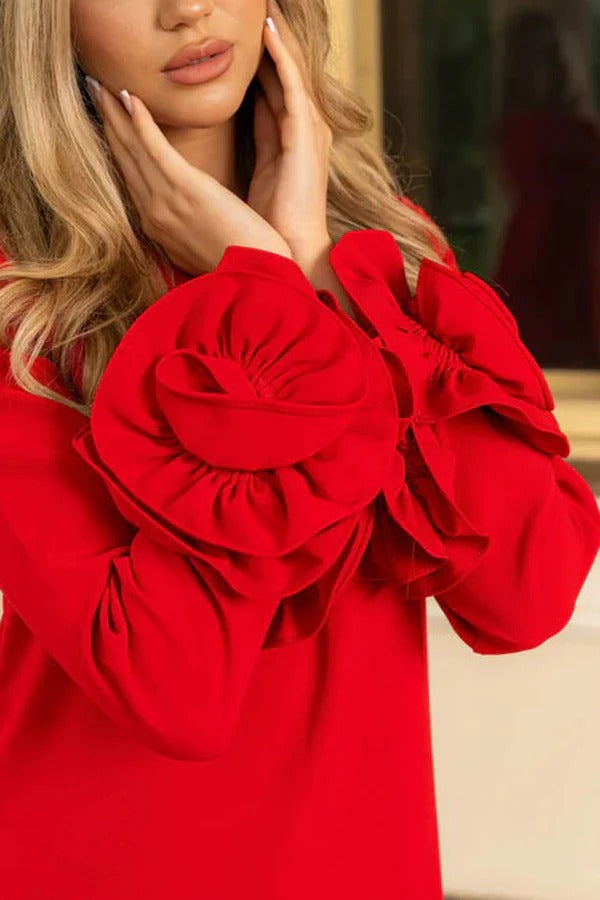 Robe courte ample coupe H à manches longues et poches, détails floraux 3D, style parisien