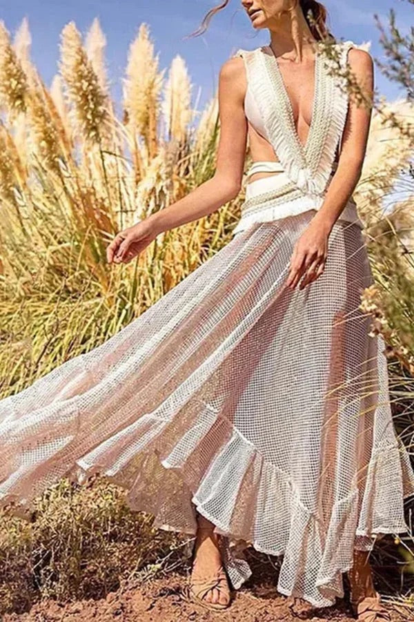 Jupe de plage sexy en maille transparente et dentelle