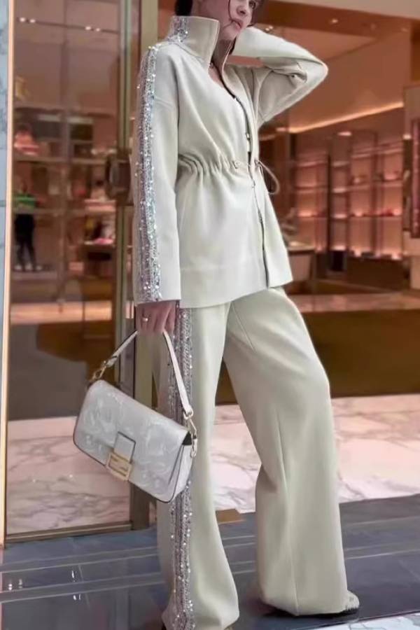 Sequined Drawstring Waist Suit