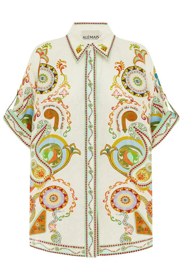 Antibes – Einzigartiges, bedrucktes, lockeres Button-Down-Hemd und Shorts mit elastischer Taille und Tasche