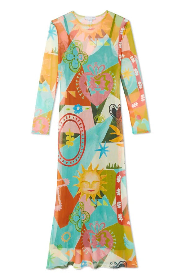 Sundazed Sommer Mesh Bunte Einzigartige Druck Langarm Stretch Maxi Kleid