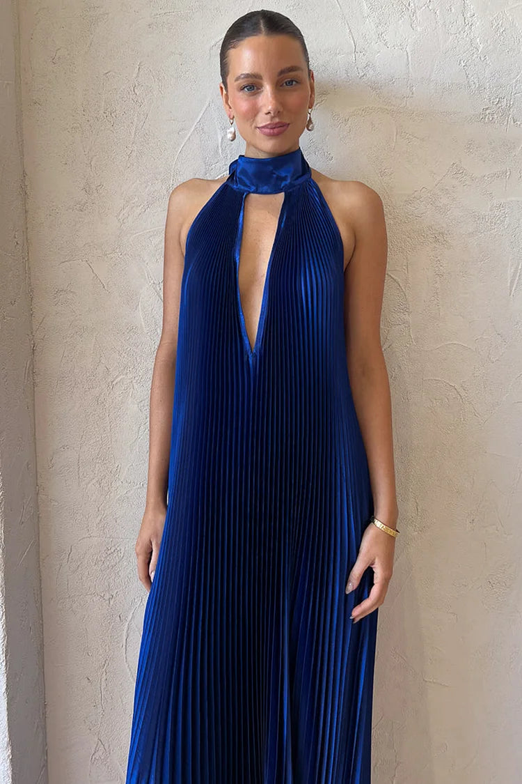 Neckholder-Maxikleider mit Cut-out-Ausschnitt, plissiertem Rücken und asymmetrischem Saum für Hochzeitsgäste