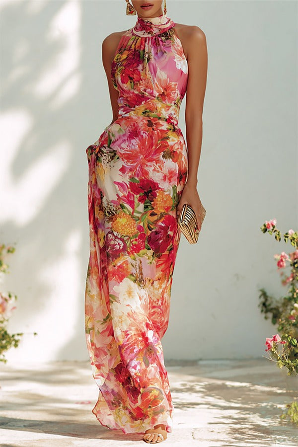 Garden Glamour Chiffon Floral Print High Neck Sleeveless Slit Maxi Dress
