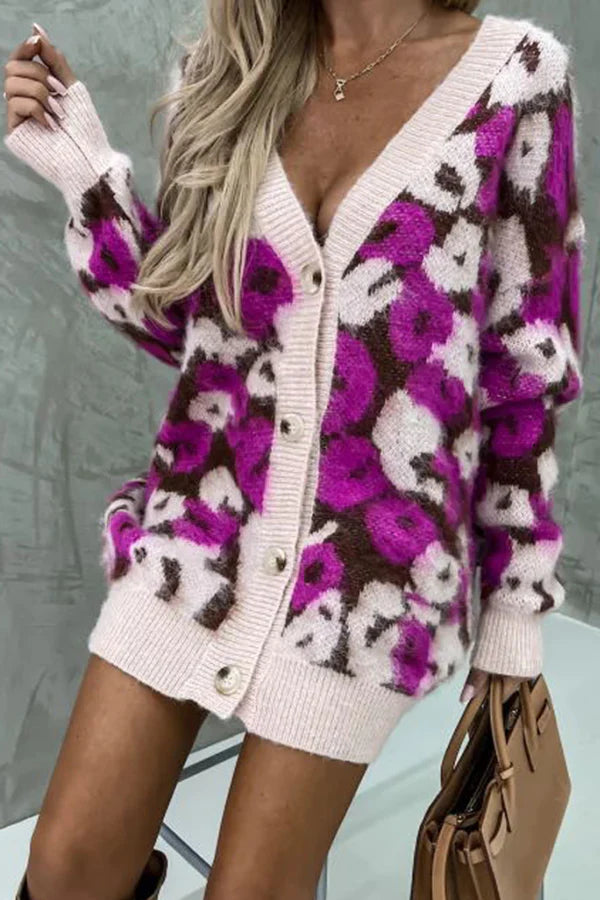 Shiraz Jacquard-Cardigan mit langen Ärmeln und V-Ausschnitt und Knöpfen