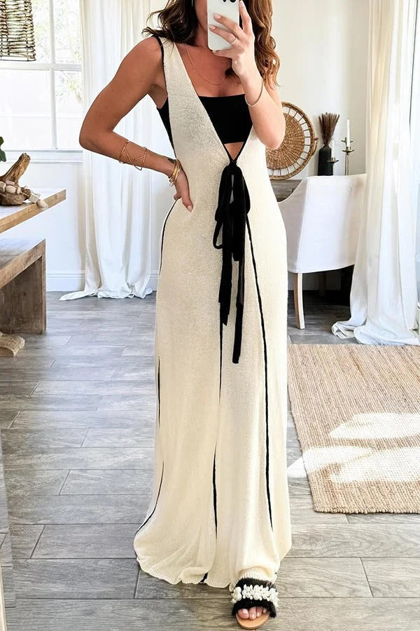 Boat Date Strick-Maxikleid mit Kontrast-Print und Selbstbindung in Übergröße