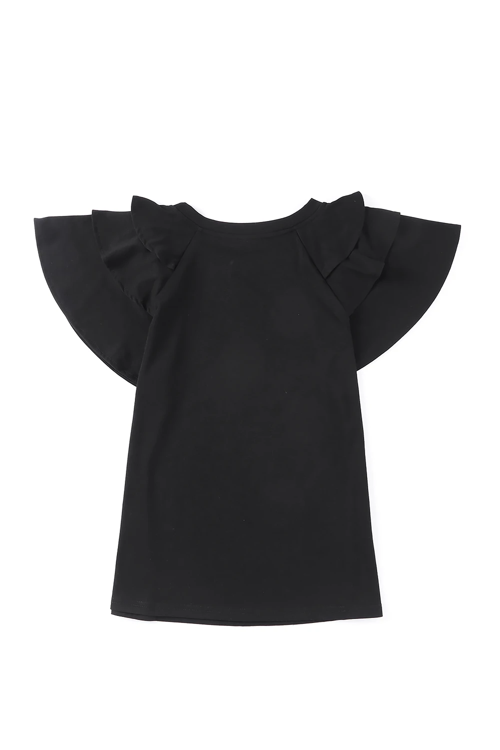 Schwarzes, schlichtes, gestuftes, lässiges T-Shirt mit Rundhalsausschnitt und Rüschen