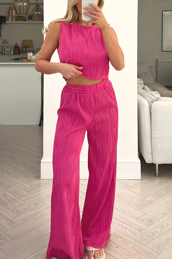 Einfarbiges Tanktop mit Rundhalsausschnitt und Wasserwellen-Print und gerade geschnittene Hose mit elastischem Bund