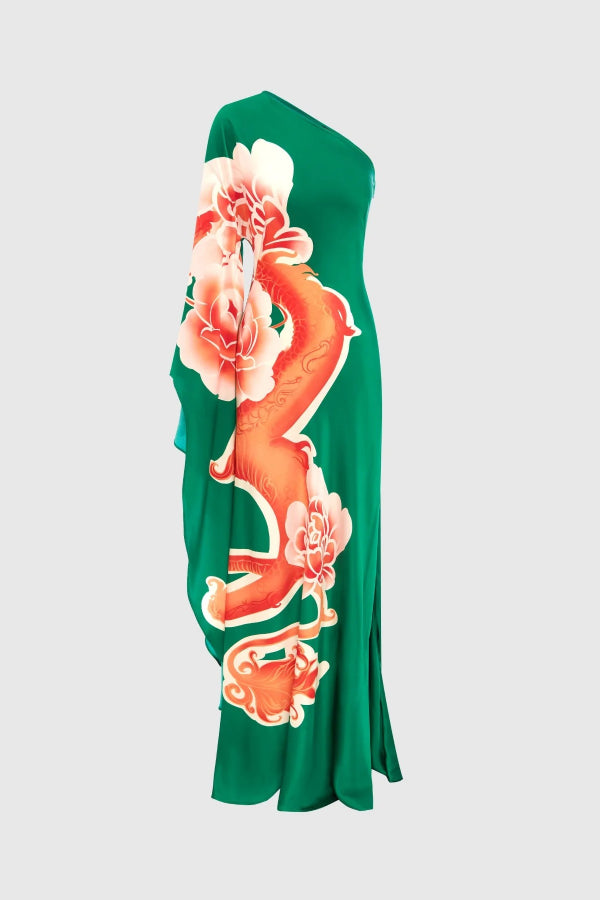 Elegance and Grace – Maxikleid aus Satin mit Drachen-Print und einer Schulter