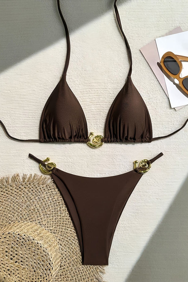 Sexy Neckholder-Bikini-Badeanzug mit Schnürung und Metallic-Stretch