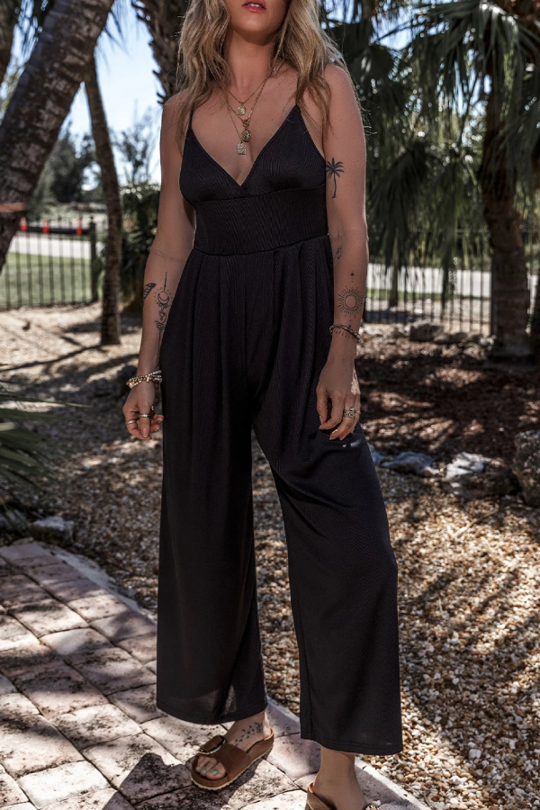 Schwarzer sexy Camisole-Jumpsuit mit V-Ausschnitt, hoher Taille und weitem Bein