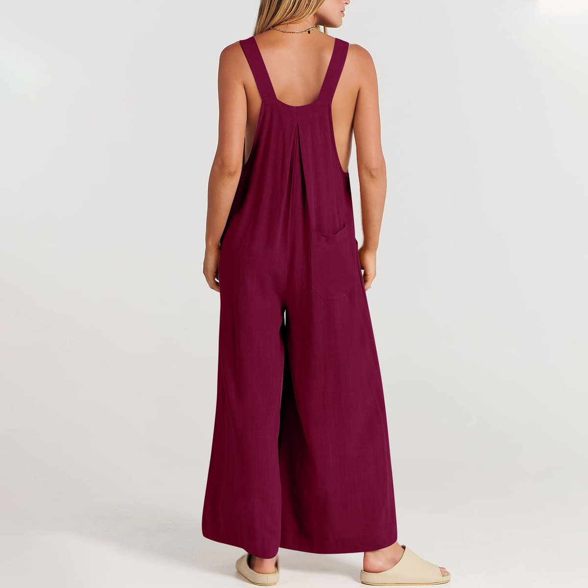 Einfarbiger, lockerer, lässiger Jumpsuit mit weitem Bein und eingesetzter Tasche