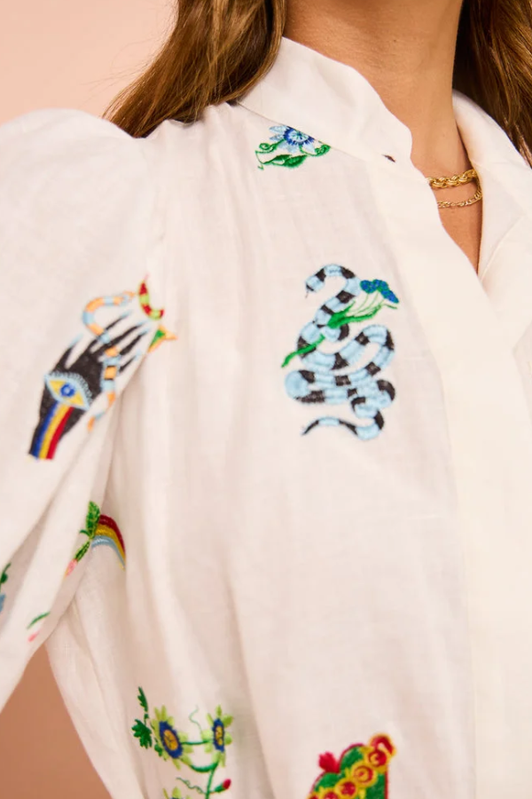 Besticktes Hemdblusenkleid in Creme