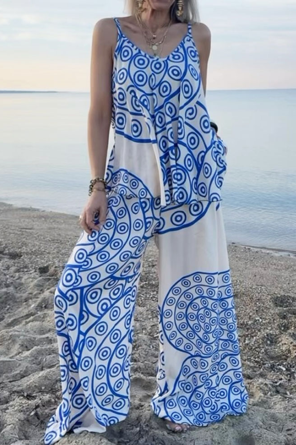 Lässiges zweiteiliges Set aus Oberteil und Hose mit Urlaubsprint