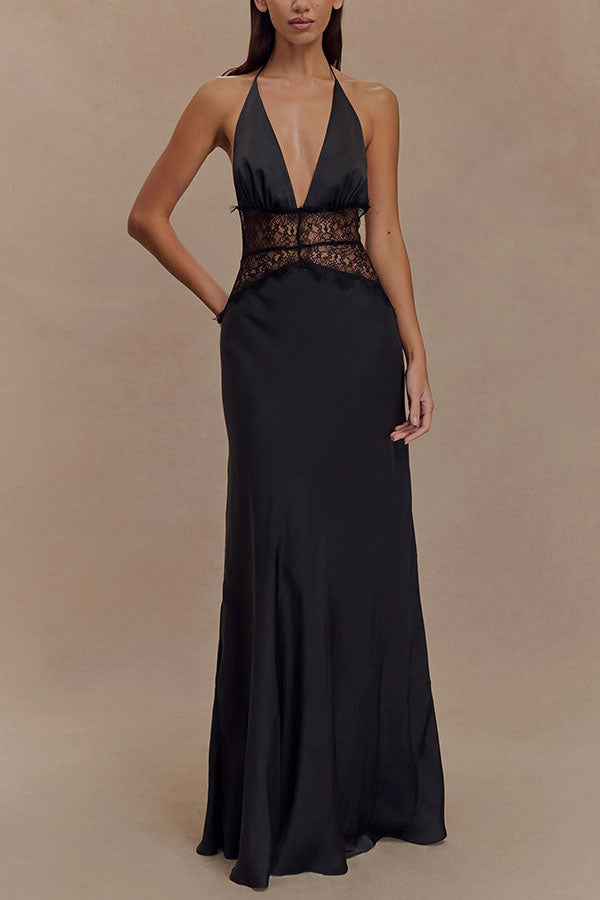 Robe longue romantique sexy en satin et dentelle à taille licou