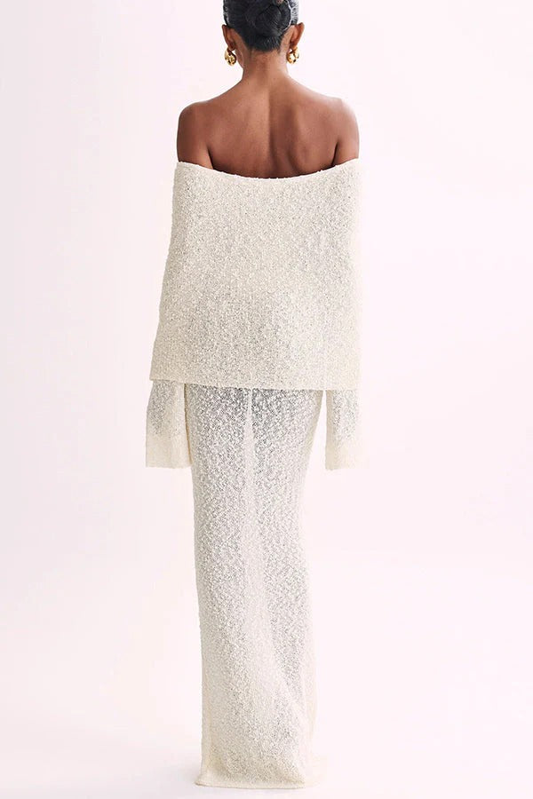 Marisol – Schulterfreies, drapiertes Maxikleid aus geripptem Bouclé-Material mit Stretchanteil für den Urlaub