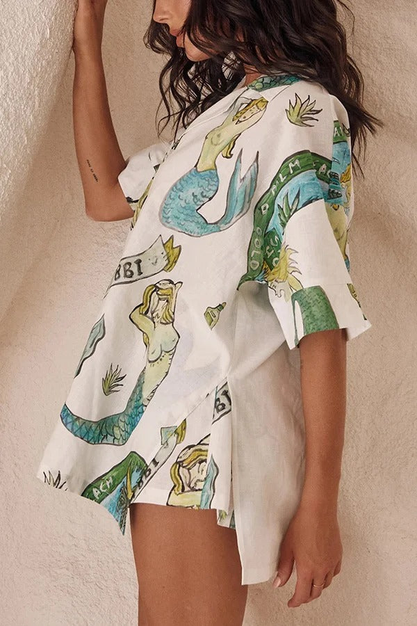 Set aus Hemdoberteil aus Leinenmischung mit Meerjungfrauen-Print und lockeren Shorts mit elastischem Bund