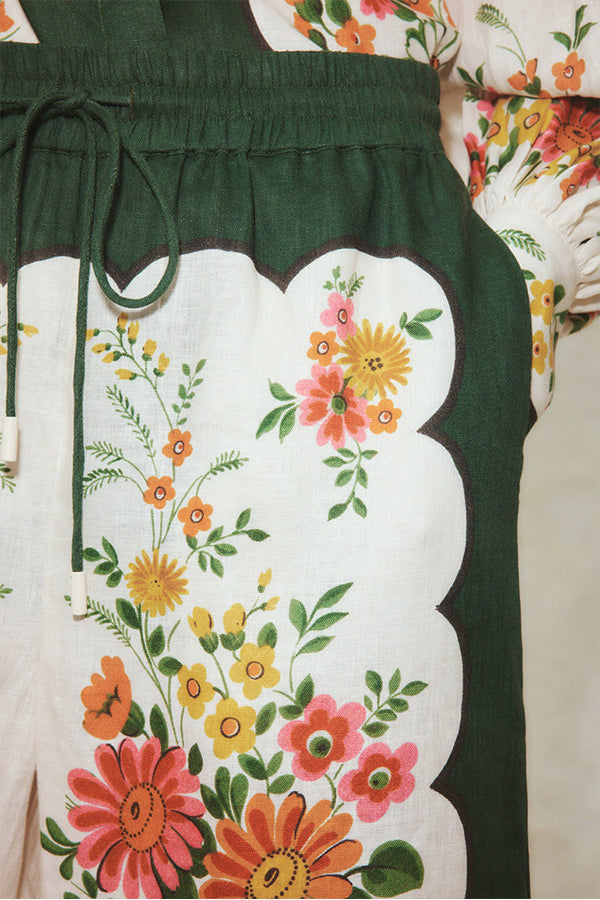 PANTALON LARGE À POCHES ET TAILLE ÉLASTIQUE À FLEURS SYMÉTRIQUES RUISA