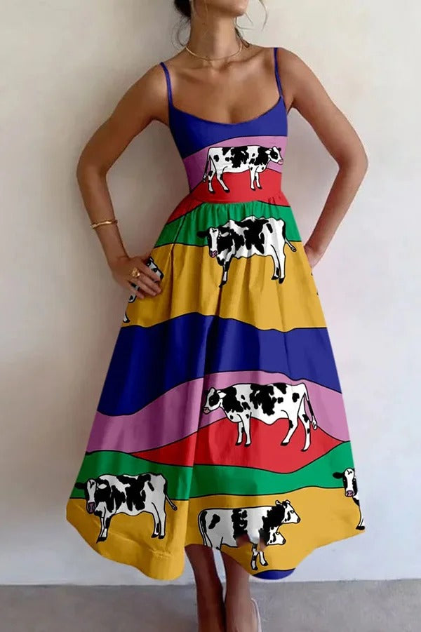 Buntes, einzigartig bedrucktes, sexy, schmales Midikleid mit Hosenträgern