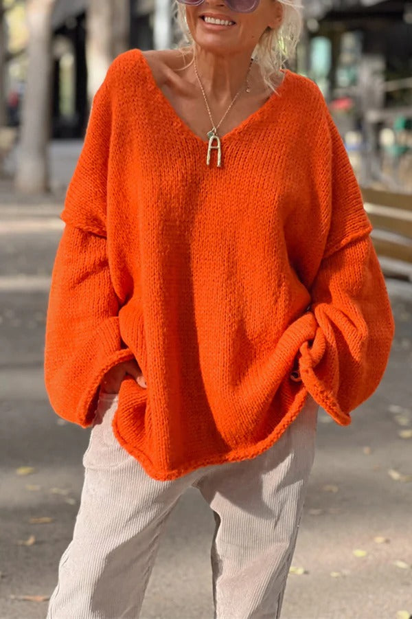 Pull tricoté à manches longues et col en V patchwork tendance