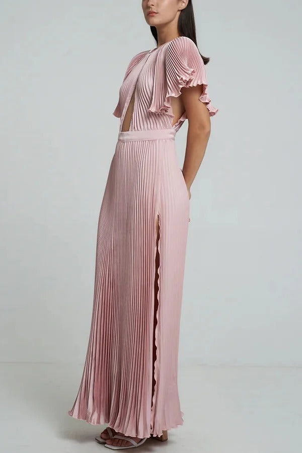 Robe longue en satin plissé à manches cloche et découpes Flash Goddess
