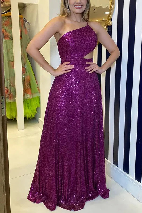 Glamour of Disco – Rückenfreies Maxikleid mit Pailletten, One-Shoulder-Träger und Cut-Outs