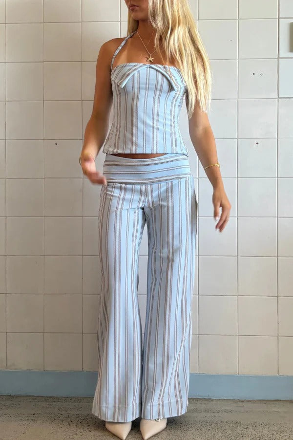 Striped Halter Top and Wide-leg Pants Set