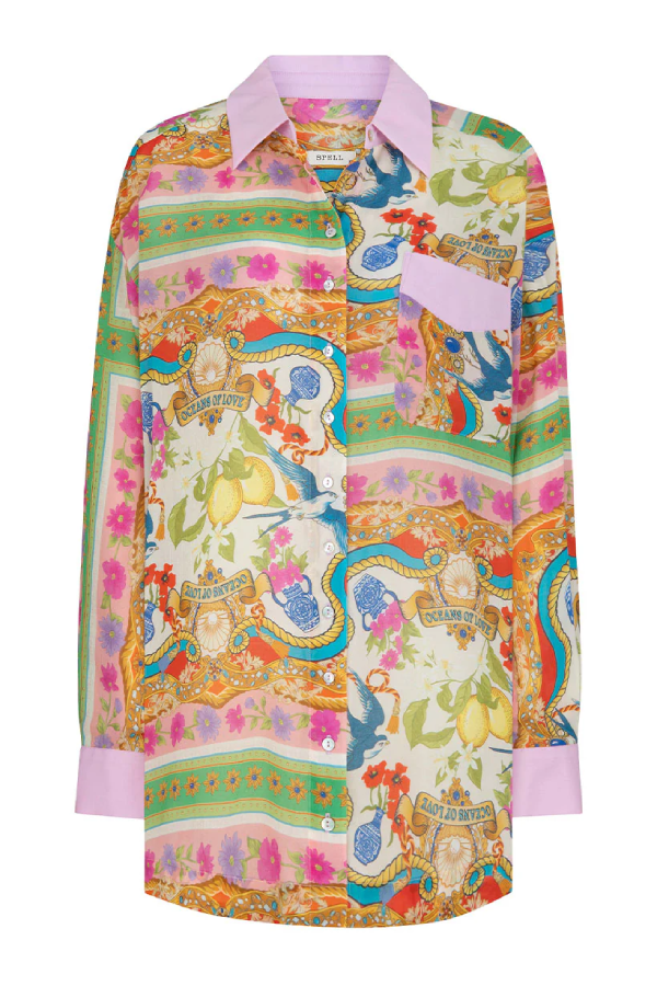 Oceans of Love – Locker fallendes Hemd mit einzigartigem Patchwork-Print und Taschen