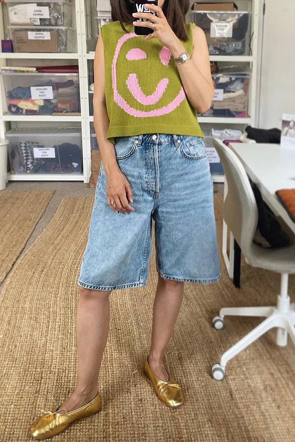 Always Happy Face Strick-Tanktop mit einzigartigem Muster, vielseitig und locker