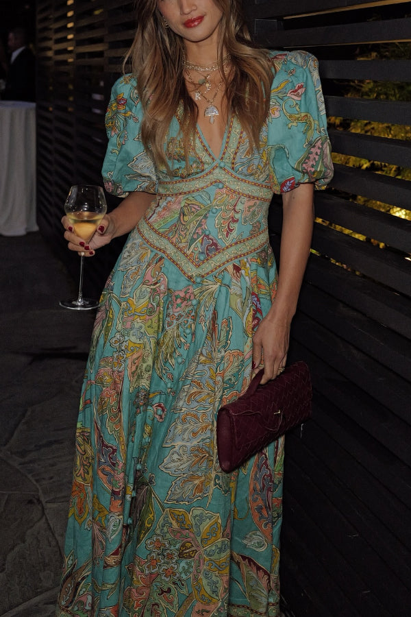 Retro-Midikleid mit V-Ausschnitt, Puffärmeln und Blumendruck