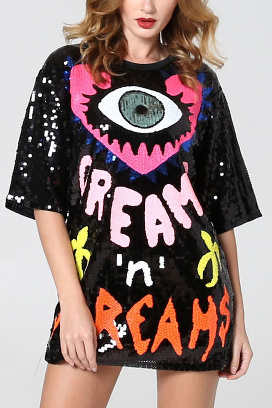 Lockeres T-Shirt mit Pailletten und Love Eyes Letters, Rundhalsausschnitt, kurzen Ärmeln und mittlerer Länge