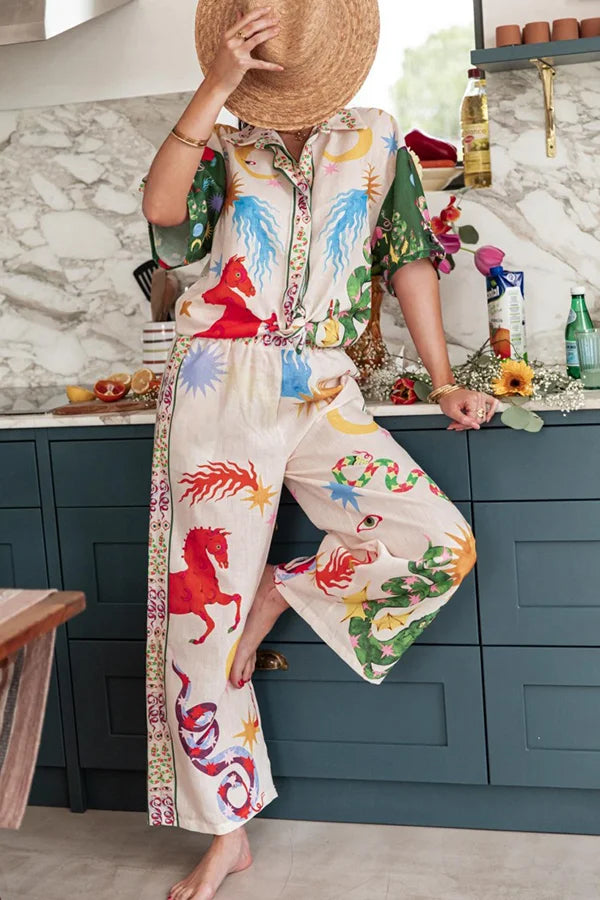 Bohemian Beauty Set mit einzigartigem Print, kurzärmligem, lockerem Hemd und Hose mit elastischer Taille