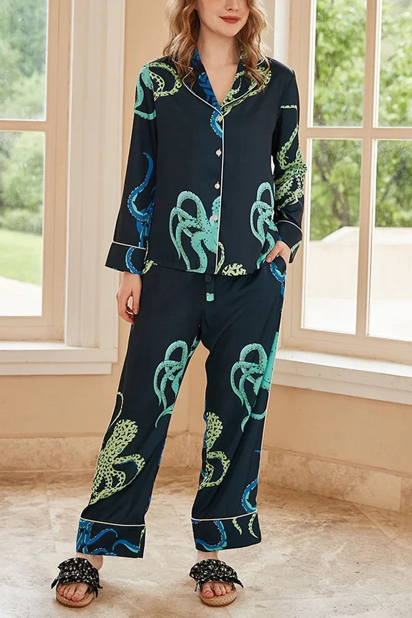 Schwarzes, langärmliges Home-Zweiteiler-Set mit Oktopus-Print