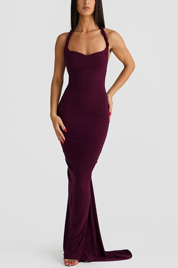 Robe longue sexy à col licou et dos nu froncé, coupe slim