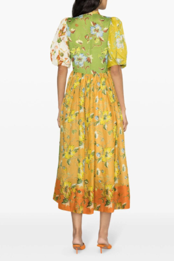 Midikleid aus Baumwolle und Leinen mit Blumendruck und Puffärmeln