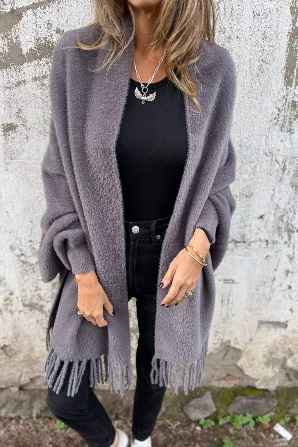 Warm Corner – Lässiger Schalkragen-Cardigan aus Plüsch mit Quastenbesatz