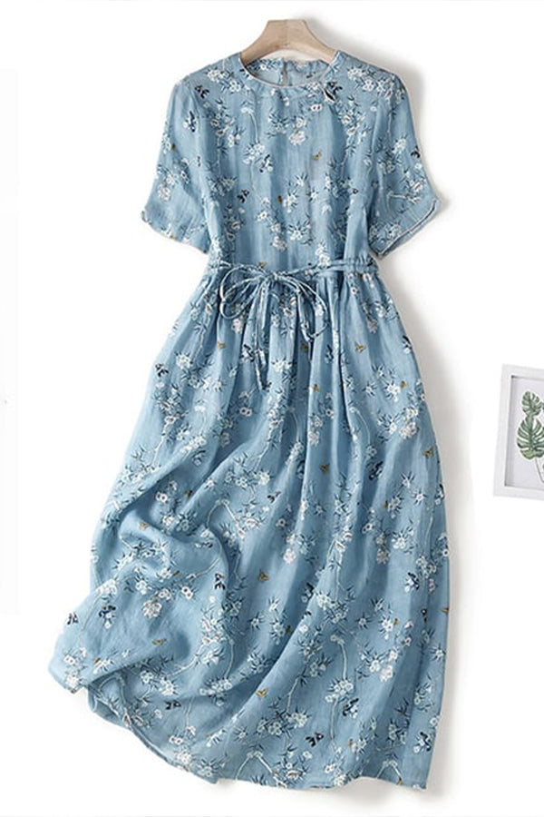Robe fleurie en coton et lin à manches courtes et ceinture