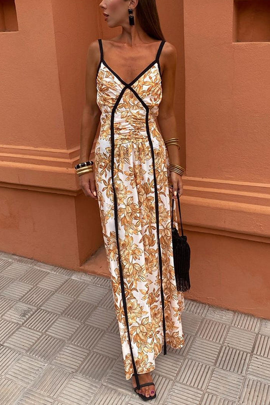 Violettes kontrastierendes, einzigartiges Print-Maxikleid mit plissiertem Rücken und Riemchen