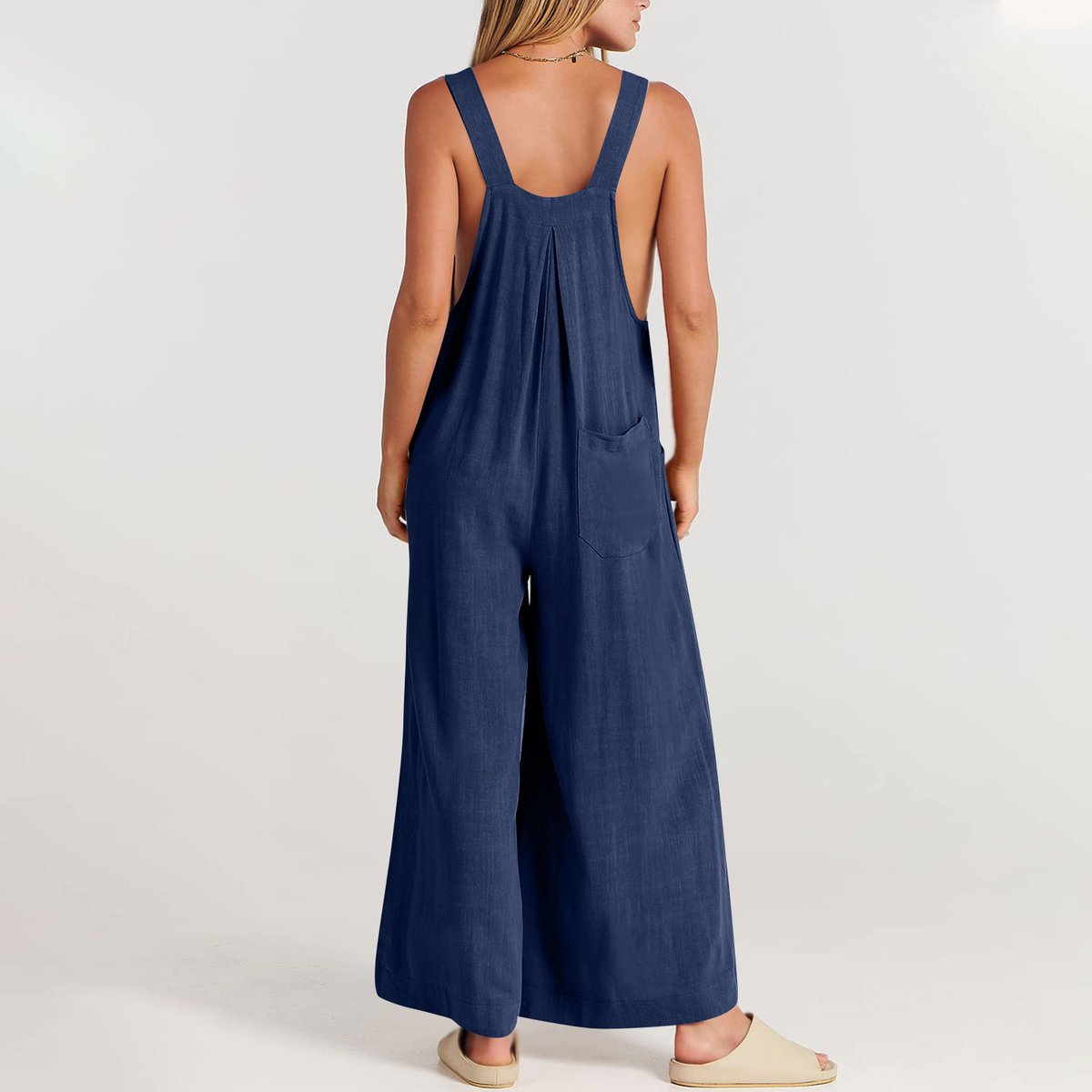 Einfarbiger, lockerer, lässiger Jumpsuit mit weitem Bein und eingesetzter Tasche