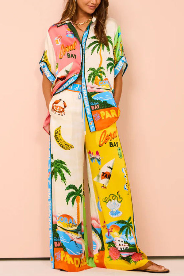 Kissed By The Sun – Übergroße Satinbluse mit einzigartigem Farbblock-Print und Knopfleiste