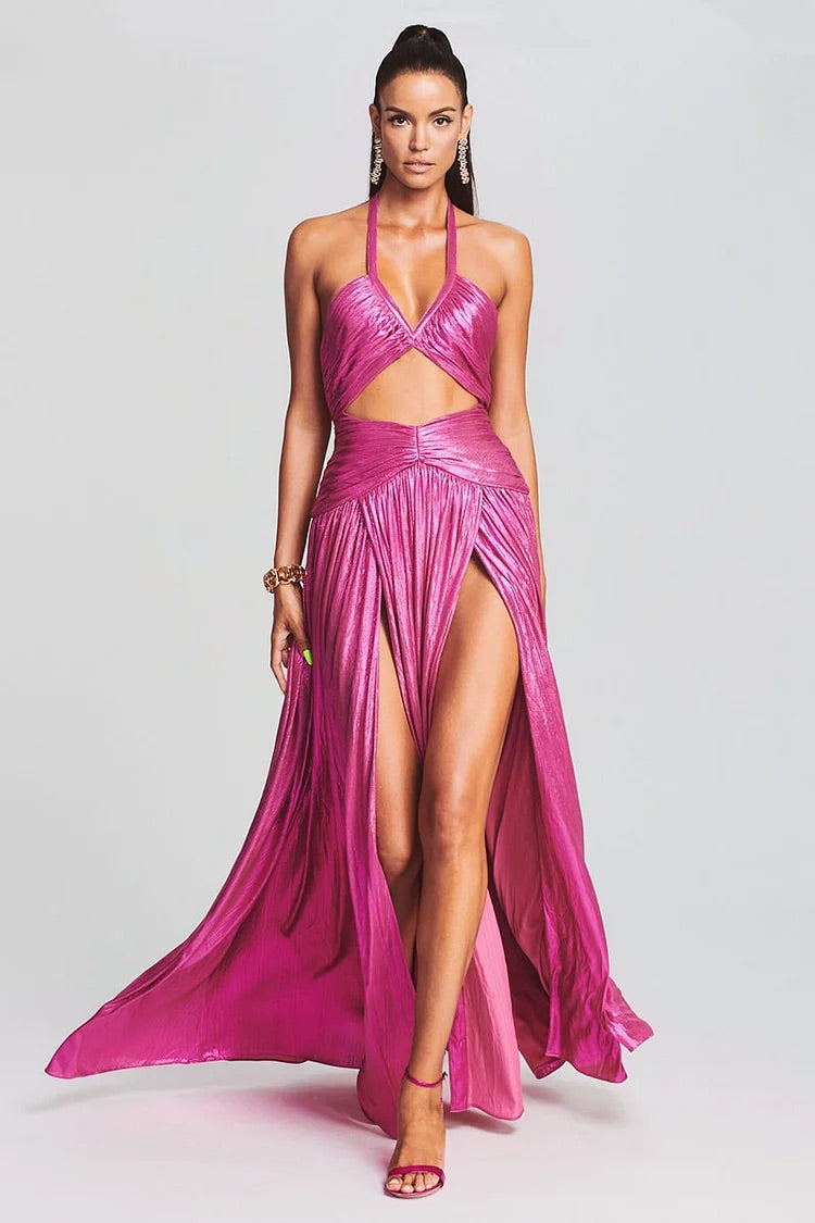 Glänzendes V-Ausschnitt Neckholder Cutout Rückenfreies Schlitz Party Maxikleid