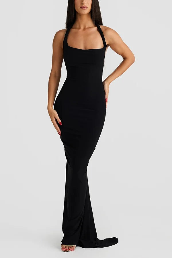 Robe longue sexy à col licou et dos nu froncé, coupe slim