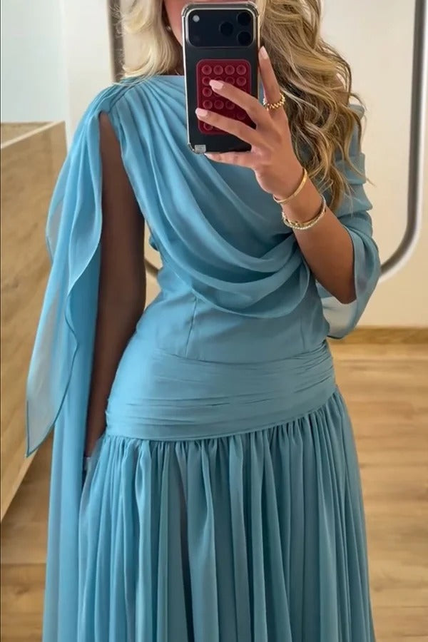 Solana Draped Sheer Cape Top and High Waist Pleated Slit Maxi Skirt Set