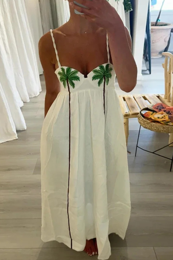 Plissiertes Tanktop-Maxikleid in A-Linie mit Kokosnussbaum-Muster