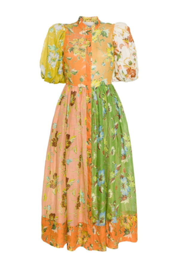 Midikleid aus Baumwolle und Leinen mit Blumendruck und Puffärmeln