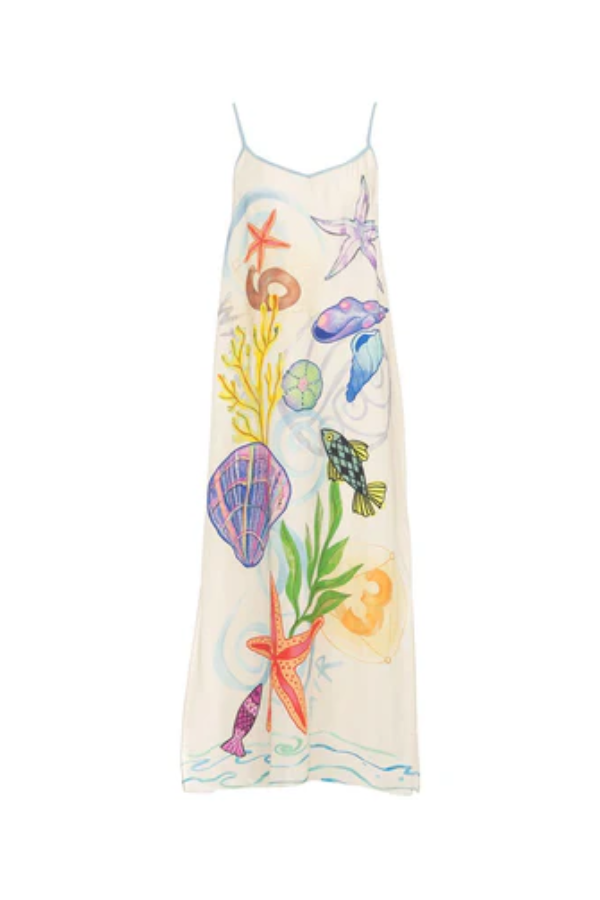 Ocean Vibe – Satin-Midikleid mit Meereselementen und einzigartigem Druck, Schlitz und lockerem Unterkleid
