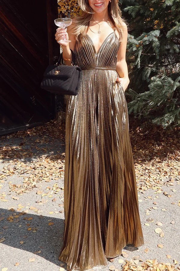 Disco Fashion Jumpsuit mit weitem Bein und Plissee-Tasche aus Metallic-Stoff