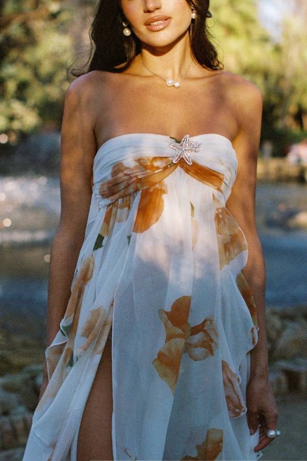 Mariah Floral Print Starfish Brooch Inverted Halter Neck Slit Ruffles Maxi Dress