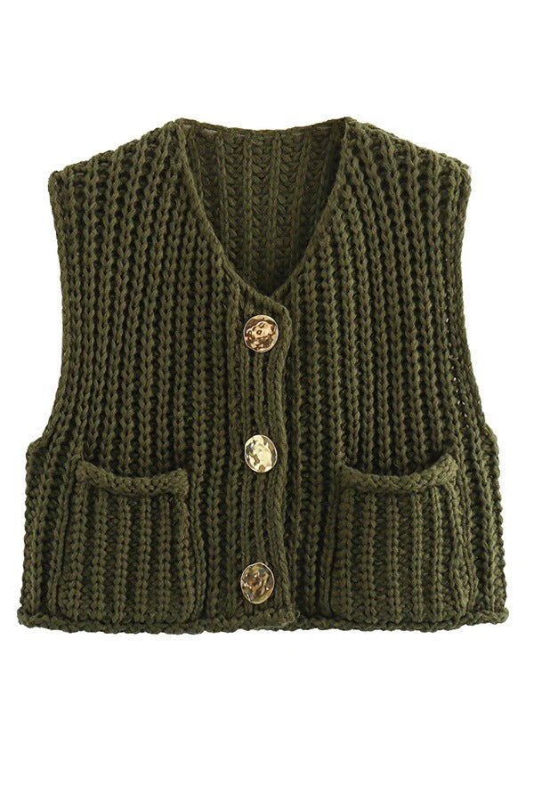 Einfarbige ärmellose Strickweste mit Tasche
